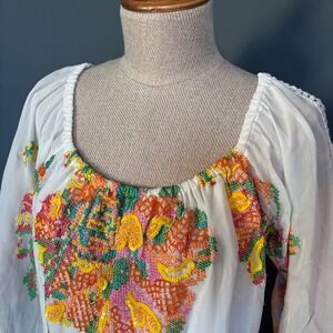 TAJ by Sabrina Crippa Silk Floral Top | Size XS | White Multicolor Beaded